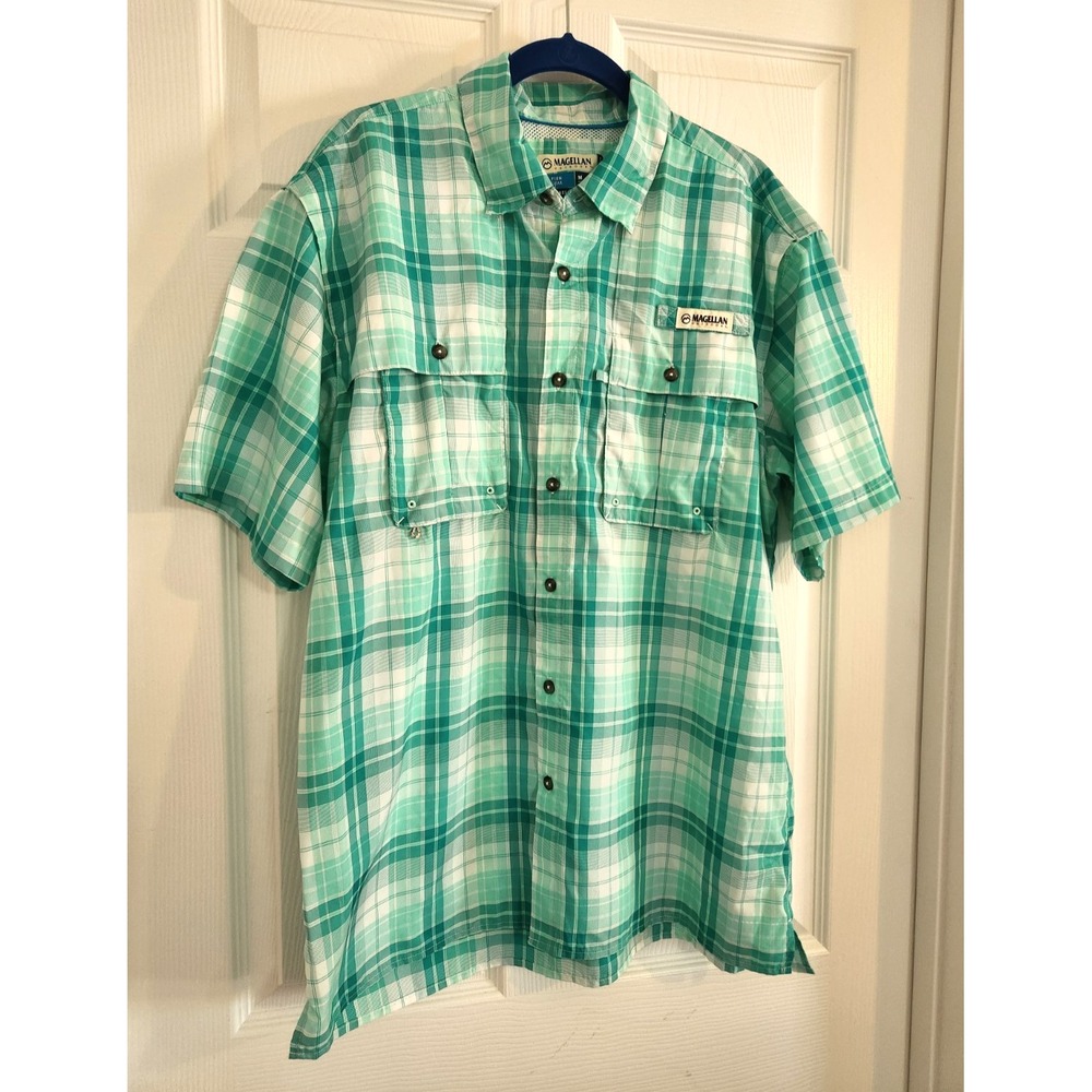 Magellan Sz M Fish Gear Shirt Relaxed Fit Vented Moisture Wicking Green Plaid